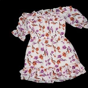 Off the shoulder floral print pink mini dress in Large